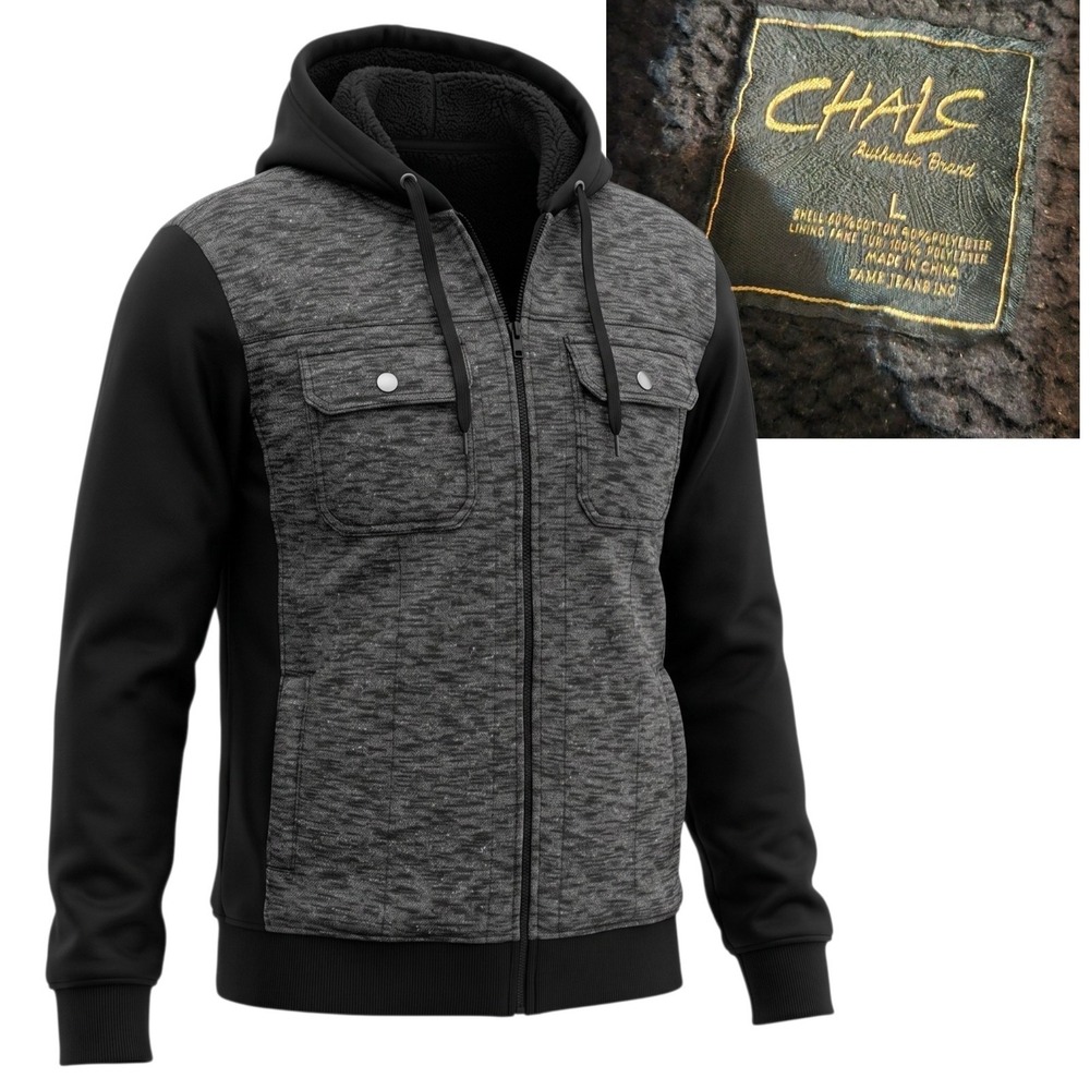 CHALC Full Zip Hoodie Men L Black Sherpa Lined Y2K Grunge Punk Vintage